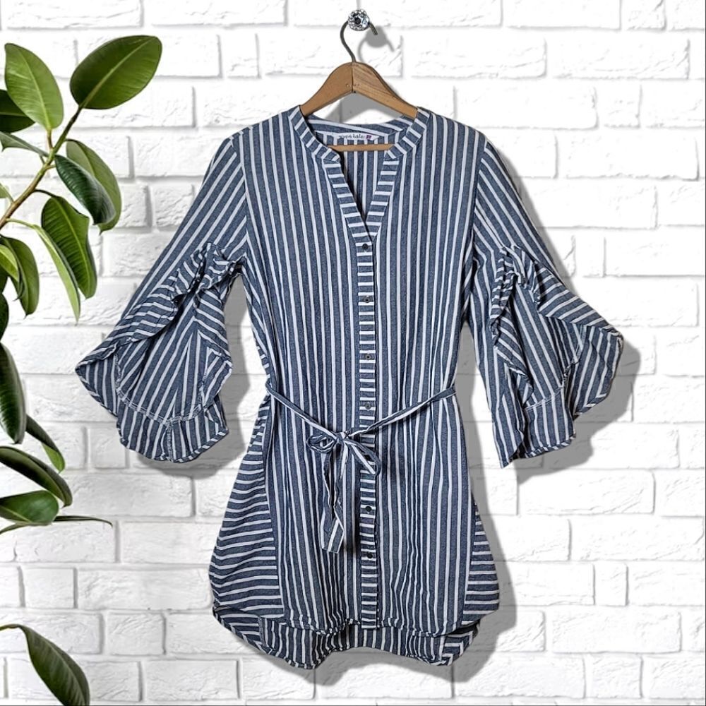 Given Kale Pinstripe Ruffle Split Bell Sleeve Waist Tie Tunic